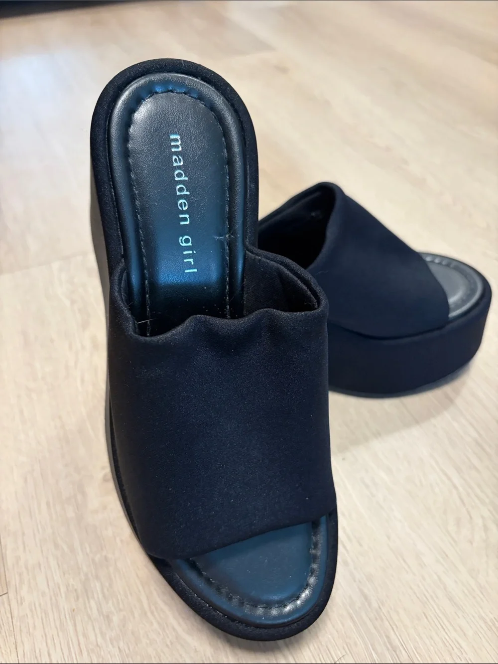 Madden Girl Black Chunky Platform Slide Mules
